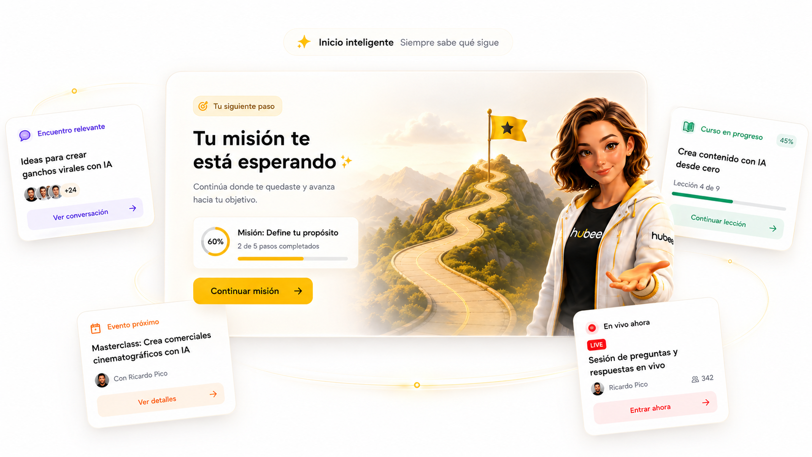 Inicio inteligente con misión principal y momentos relevantes alrededor